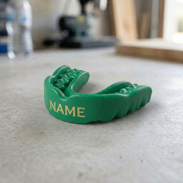 All-green custom mouthguard with personalised name